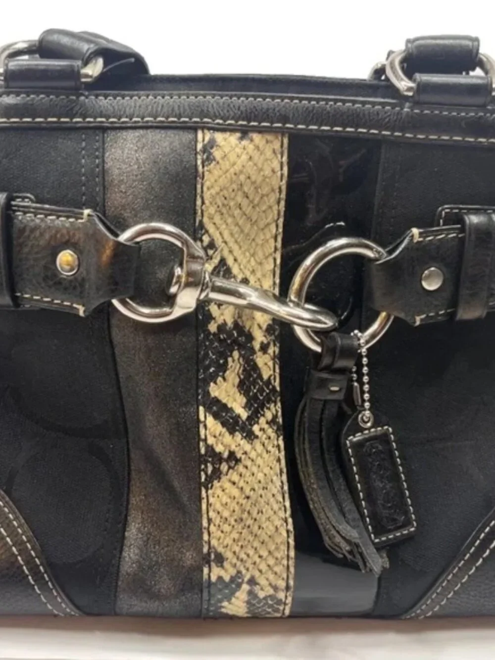 Authentic Coach Soho Signature Stripe Buckle Tote Snakeskin Accent– Style 10262